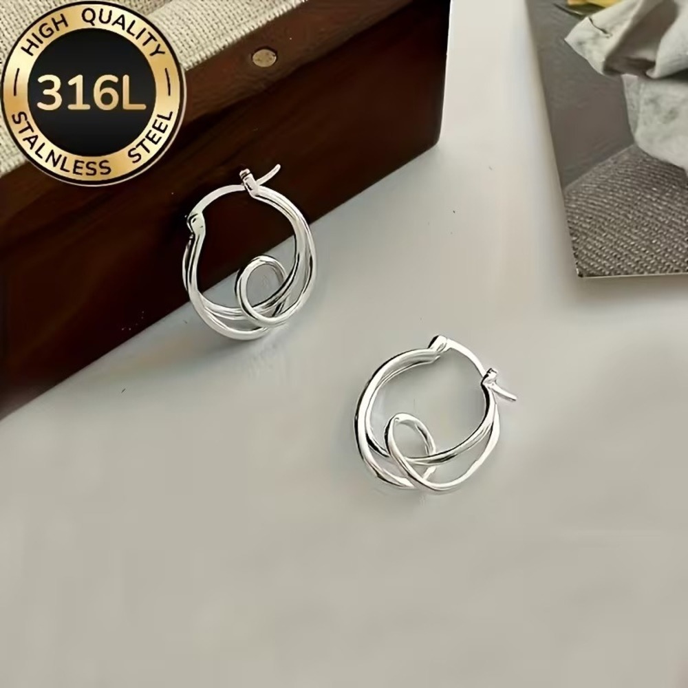 316L Stainless Steel Intertwined Double Loop Hoop Earrings Silver Abstract Swirl